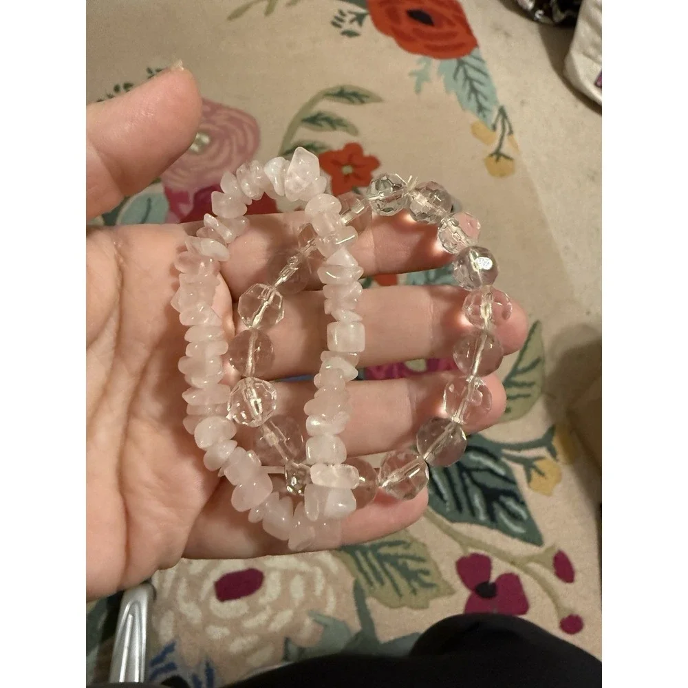 Pair Of Two Stretch Elastic‎ Bracelets White Clear Pale Pink Rose Quartz